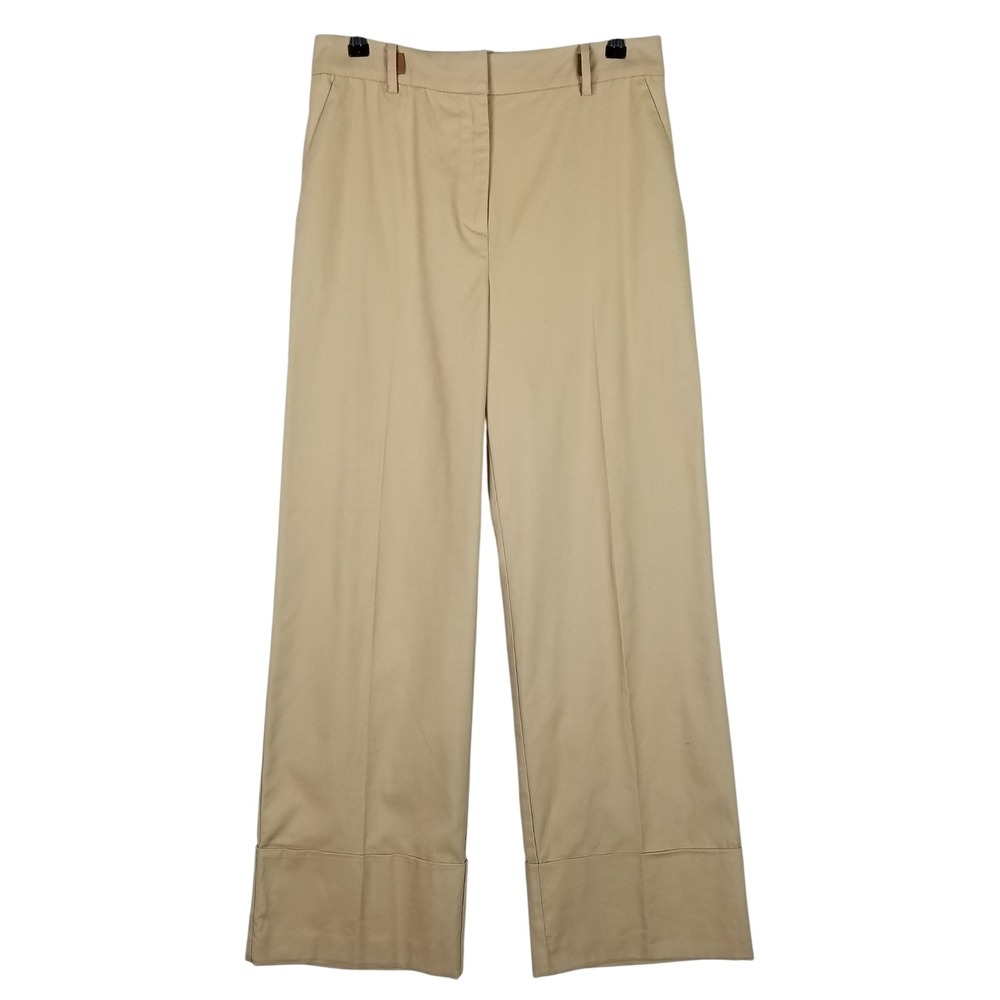 LOFT Wide Leg Trousers Womens 6 Tan Cuffed Hem Cotton Blend 38066634